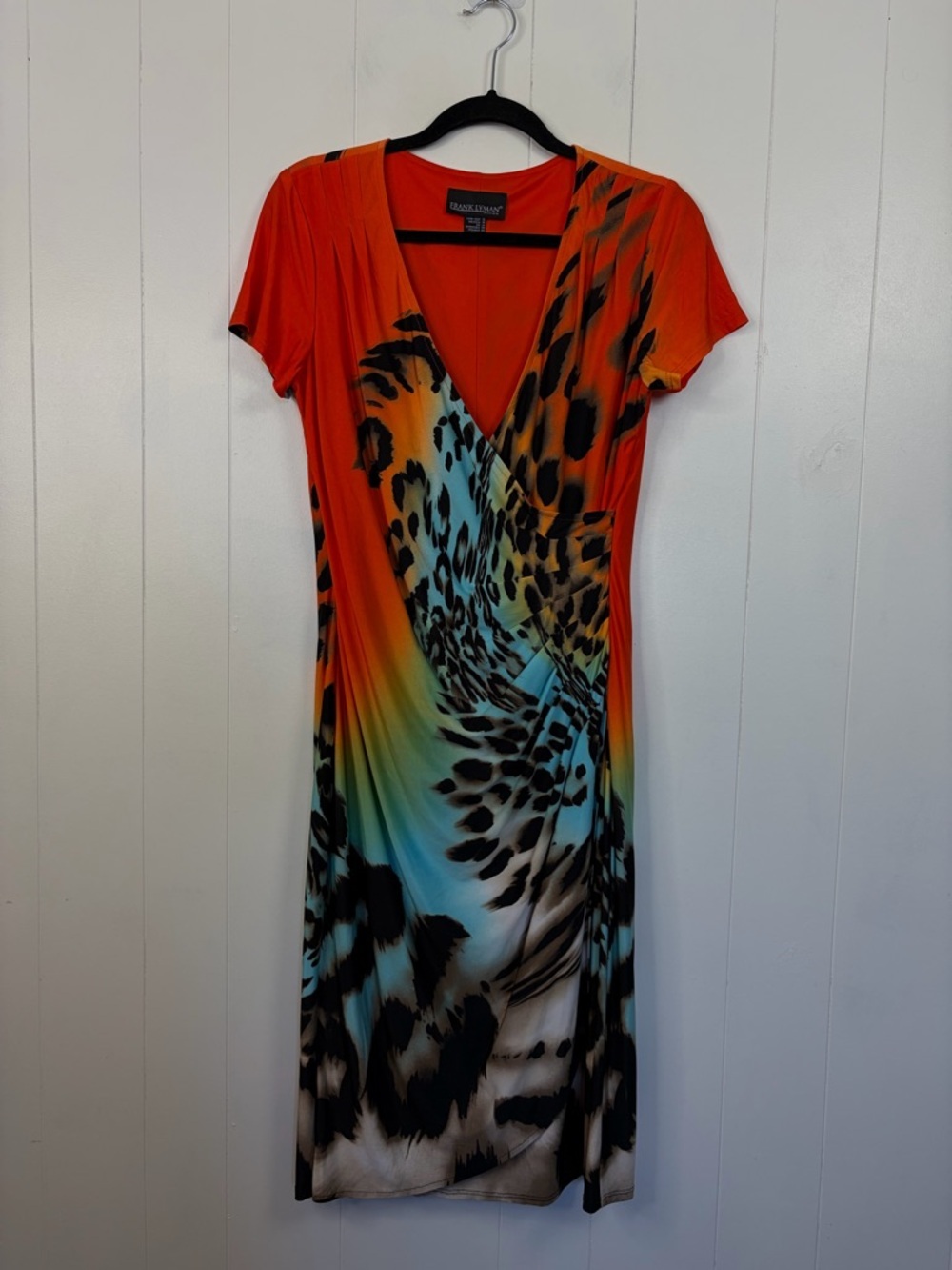 Frank Lyman Design Dress Size 10 Animal Print Ruched Faux Wrap Knee Length Midi - Picture 4 of 13